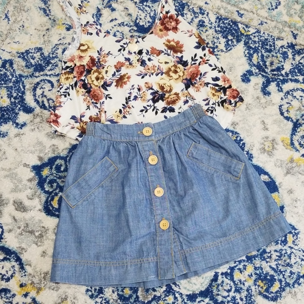Lux Chambray Denim Button Up Flared Mini Skirt XS